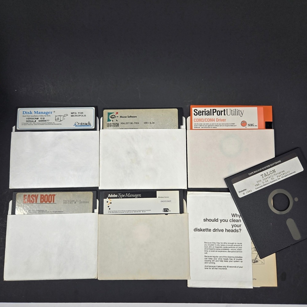 Vintage 5.25 Floppy Disk Lot Adobe Type Manager Logitech Ontrack Utility Drivers